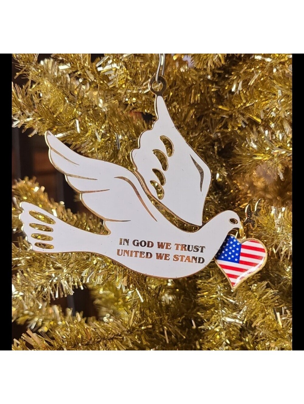 Gold and White Enamel Flag Dove Ornament In God We Trust
